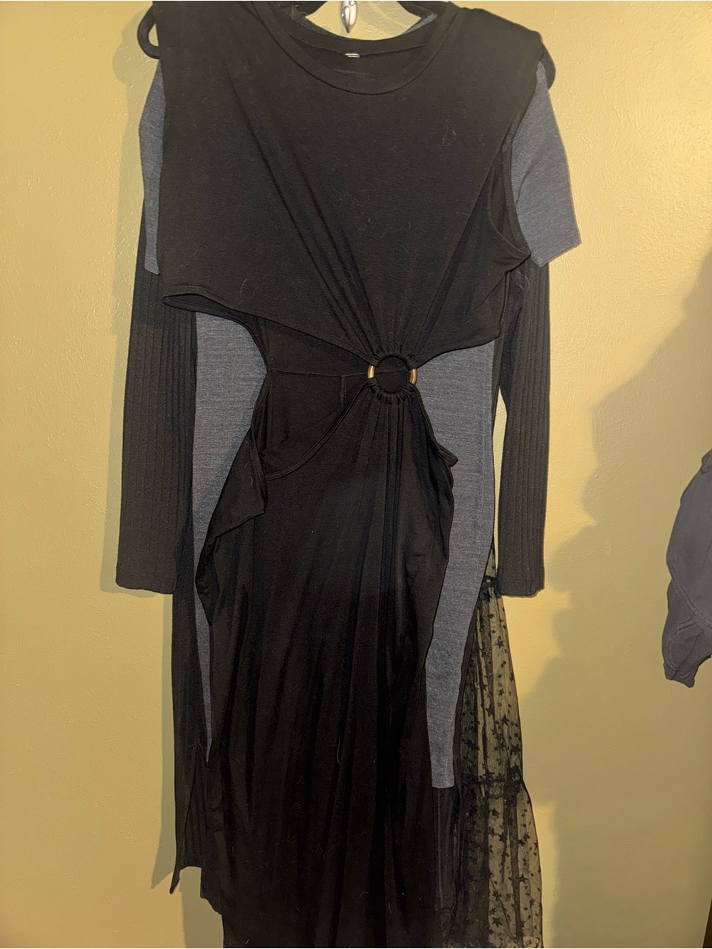 SHEIN Black Ring-Detail Maxi Dress with Layered Panels
